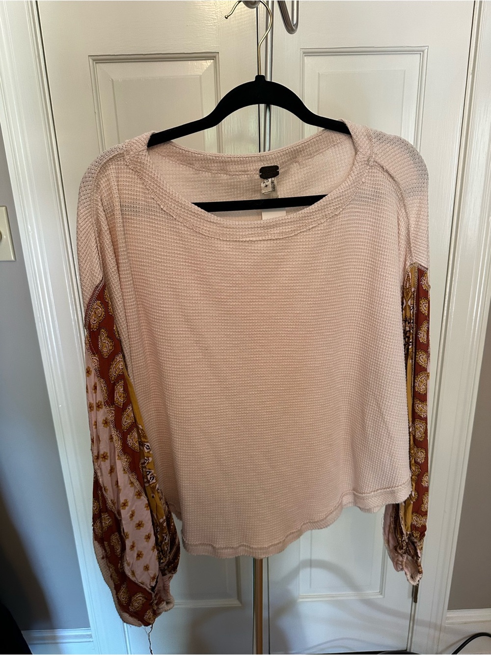 We The Free Pink Waffle Knit Top with Printed Boho Sleeves
